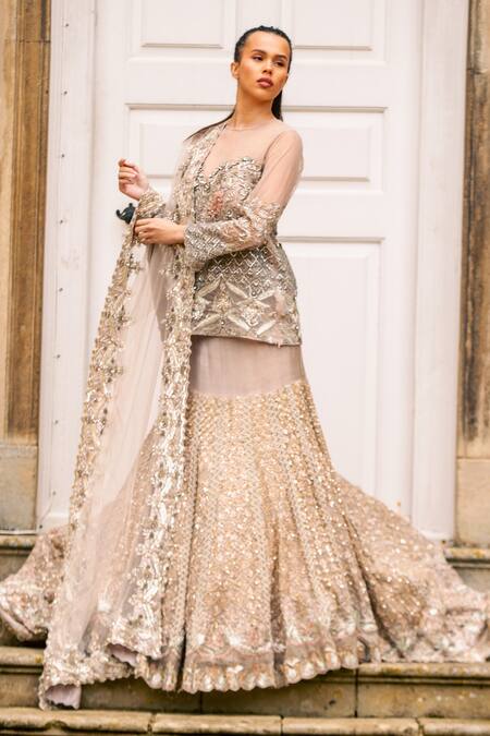 Shop tara thakur Gold Net, Tissue Embroidery, Sequins, Zari Round Neck Zardozi Lehenga Set Online at Aza Fashions Shop_tara thakur_Gold Net, Tissue Embroidery, Sequins, Zari Round Neck Zardozi Lehenga Set _Online_at_Aza_Fashions