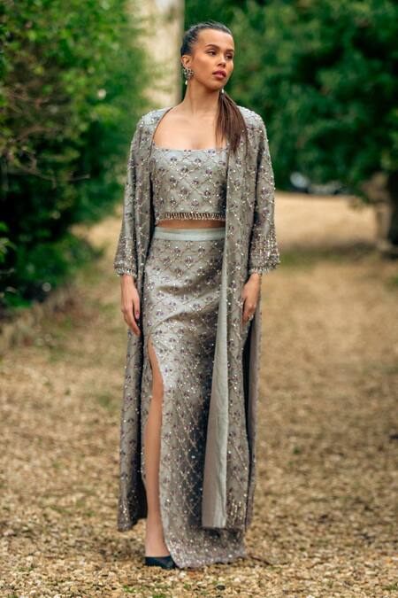 Buy_tara thakur_Gray Polyester Beads, Sequins, Embroidery Square Neck, Open Jacket Skirt Set _Online_at_Aza_Fashions