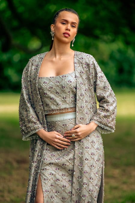Shop_tara thakur_Gray Polyester Beads, Sequins, Embroidery Square Neck, Open Jacket Skirt Set _Online_at_Aza_Fashions