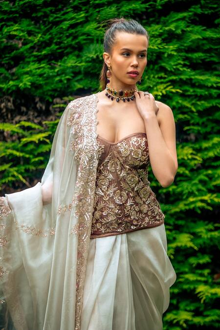 Buy tara thakur Cream Organza, Tissue Embroidery, Zari, Floral Corset Blouse And Draped Skirt Set Online at Aza Fashions Buy_tara thakur_Cream Organza, Tissue Embroidery, Zari, Floral Corset Blouse And Draped Skirt Set _Online_at_Aza_Fashions