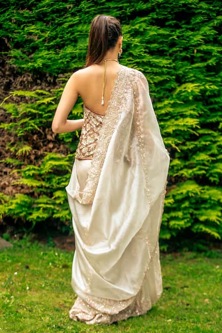 Tara Thakur Floral Embroidered Corset Blouse & Draped Skirt Set 