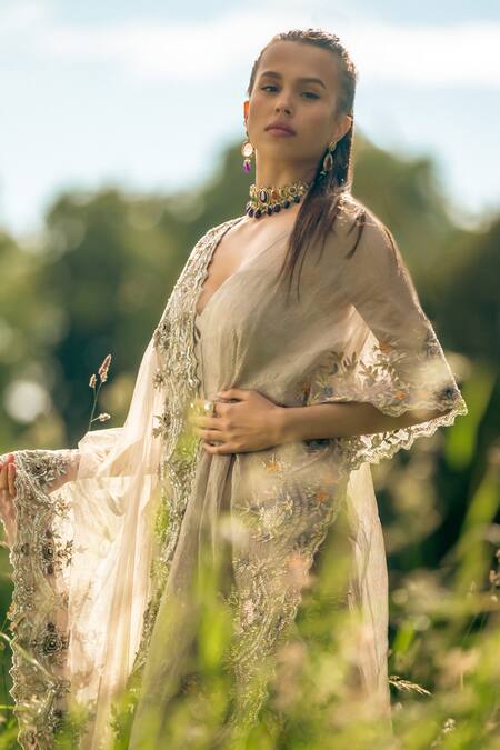 Buy_tara thakur_Ivory Net, Tissue Sequins, Zari, Embroidery Plunge Neck Kaftan Sharara Set _Online_at_Aza_Fashions