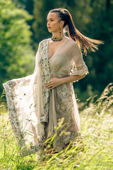 Shop_tara thakur_Ivory Net, Tissue Sequins, Zari, Embroidery Plunge Neck Kaftan Sharara Set _Online_at_Aza_Fashions