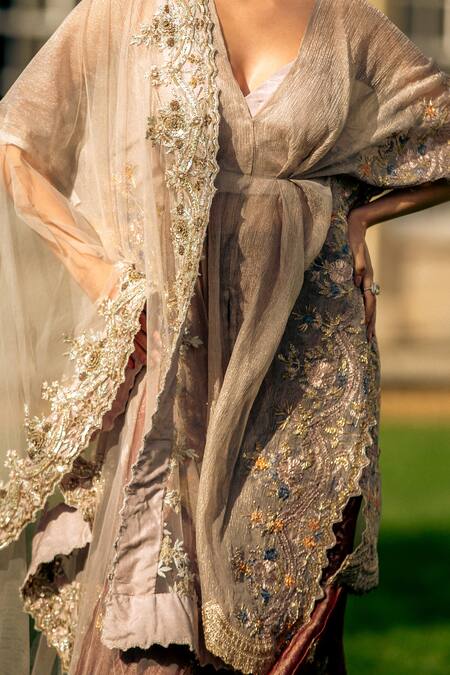 Buy_tara thakur_Ivory Net, Tissue Sequins, Zari, Embroidery Plunge Neck Kaftan Sharara Set 