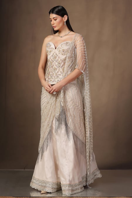 Shop tara thakur Gold Tissue Beads, Zari, Sequins, Tassels, Lehenga Saree With Corset Blouse Online at Aza Fashions Shop_tara thakur_Gold Tissue Beads, Zari, Sequins, Tassels, Lehenga Saree With Corset Blouse _Online_at_Aza_Fashions