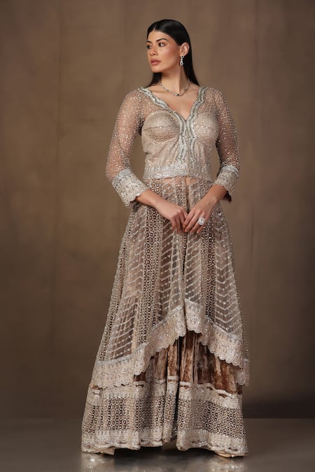 tara thakur_Gold Net, Velvet Zari, Sequins, Embroidery Zardozi Anarkali And Sharara Set _Online_at_Aza_Fashions
