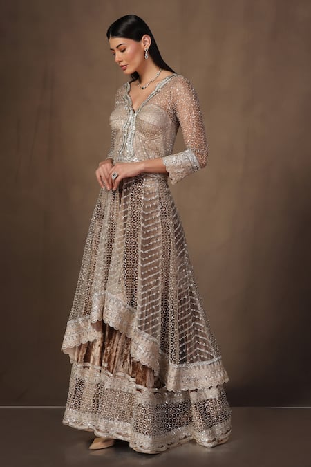 Shop_tara thakur_Gold Net, Velvet Zari, Sequins, Embroidery Zardozi Anarkali And Sharara Set _Online_at_Aza_Fashions