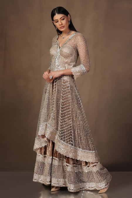 tara thakur_Gold Net, Velvet Zari, Sequins, Embroidery Zardozi Anarkali And Sharara Set _at_Aza_Fashions