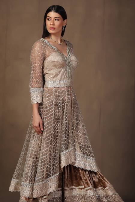 Buy_tara thakur_Gold Net, Velvet Zari, Sequins, Embroidery Zardozi Anarkali And Sharara Set 