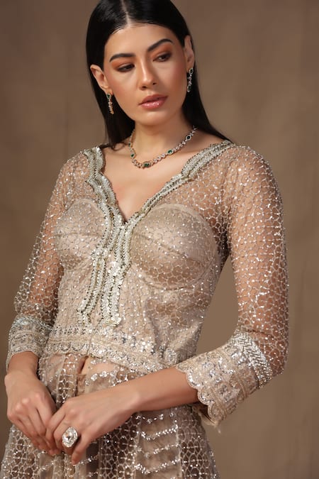 Shop_tara thakur_Gold Net, Velvet Zari, Sequins, Embroidery Zardozi Anarkali And Sharara Set 