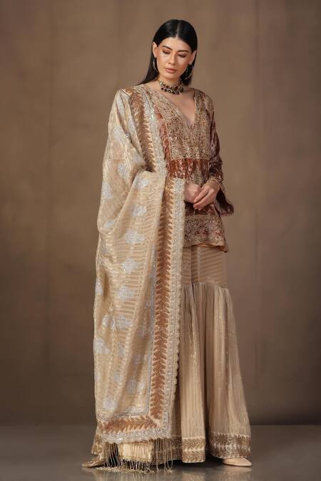Buy_tara thakur_Gold Tissue, Brocade Embroidery, Sequins, Zari V-neck Zardozi Top And Sharara Set _Online_at_Aza_Fashions
