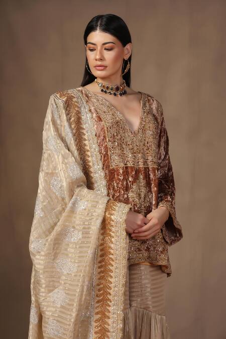 Shop_tara thakur_Gold Tissue, Brocade Embroidery, Sequins, Zari V-neck Zardozi Top And Sharara Set _Online_at_Aza_Fashions