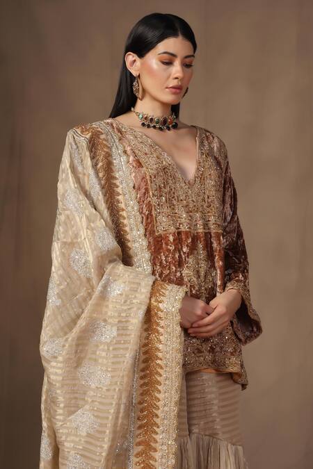 tara thakur_Gold Tissue, Brocade Embroidery, Sequins, Zari V-neck Zardozi Top And Sharara Set _at_Aza_Fashions