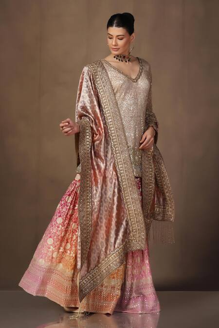 tara thakur Gold Tissue, Brocade Sequins, Zari V-neck Embroidered Tunic Sharara Set Online at Aza Fashions tara thakur_Gold Tissue, Brocade Sequins, Zari V-neck Embroidered Tunic Sharara Set_Online_at_Aza_Fashions