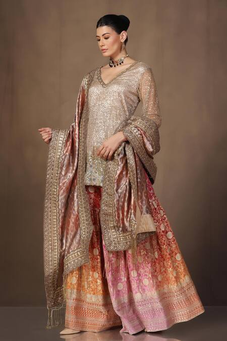 Buy tara thakur Gold Tissue, Brocade Sequins, Zari V-neck Embroidered Tunic Sharara Set Online at Aza Fashions Buy_tara thakur_Gold Tissue, Brocade Sequins, Zari V-neck Embroidered Tunic Sharara Set_Online_at_Aza_Fashions