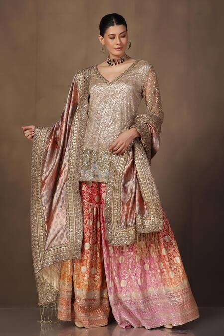 Shop tara thakur Gold Tissue, Brocade Sequins, Zari V-neck Embroidered Tunic Sharara Set Online at Aza Fashions Shop_tara thakur_Gold Tissue, Brocade Sequins, Zari V-neck Embroidered Tunic Sharara Set_Online_at_Aza_Fashions