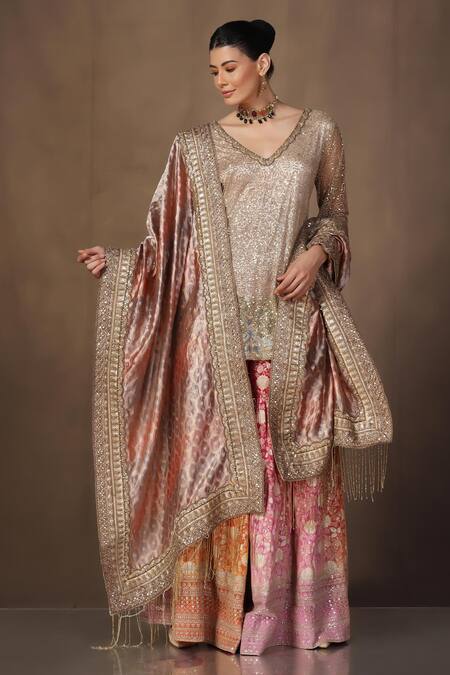 tara thakur Gold Tissue, Brocade Sequins, Zari V-neck Embroidered Tunic Sharara Set at Aza Fashions tara thakur_Gold Tissue, Brocade Sequins, Zari V-neck Embroidered Tunic Sharara Set_at_Aza_Fashions