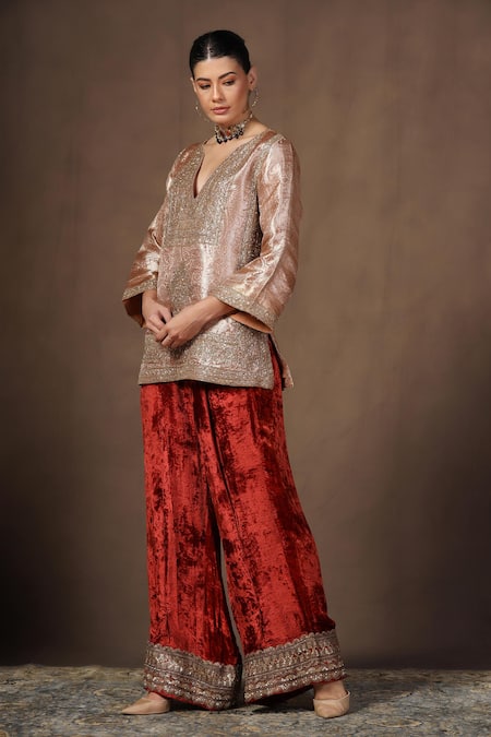 tara thakur_Rose Gold Tissue, Velvet Embroidery Split Zardozi Tunic And Flared Pant Set _Online_at_Aza_Fashions