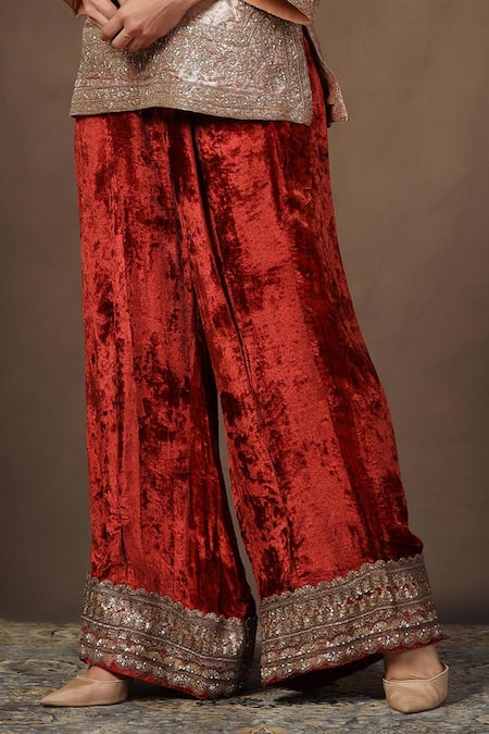 Buy_tara thakur_Rose Gold Tissue, Velvet Embroidery Split Zardozi Tunic And Flared Pant Set _Online_at_Aza_Fashions