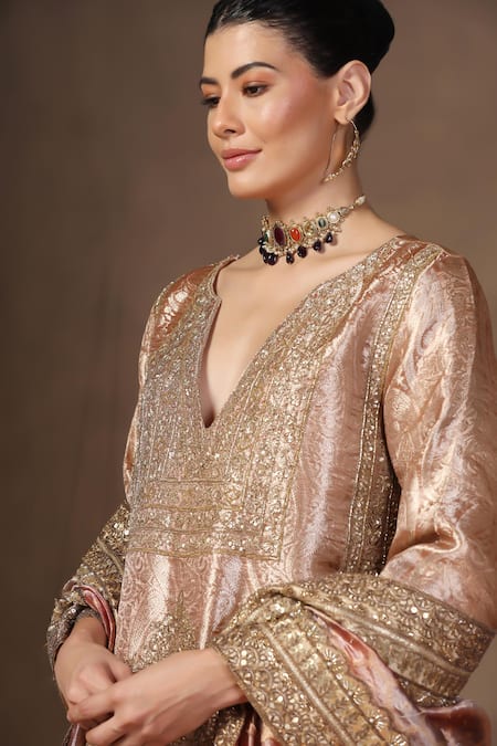 tara thakur_Rose Gold Tissue, Velvet Embroidery Split Zardozi Tunic And Flared Pant Set _at_Aza_Fashions