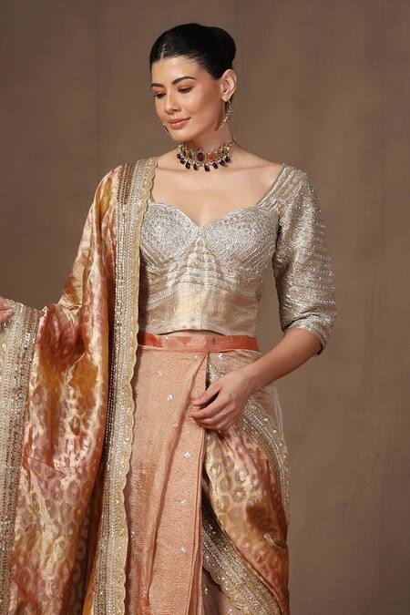 tara thakur Silver Tissue Sequins, Zari, Diamonds Orange Embroidered Pre-draped Saree Set Online at Aza Fashions tara thakur_Silver Tissue Sequins, Zari, Diamonds Orange Embroidered Pre-draped Saree Set _Online_at_Aza_Fashions