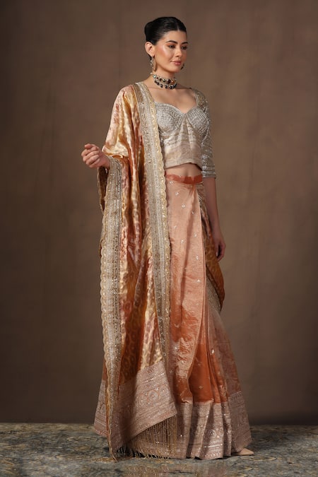 tara thakur Orange Embroidered Pre-Draped Saree Set 