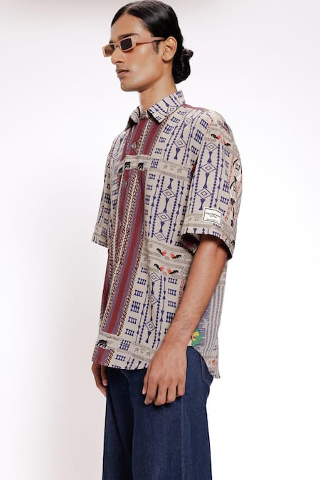 Doh Tak Keh_Gray Rayon Geometric Animal Print Grey Shirt _Online_at_Aza_Fashions