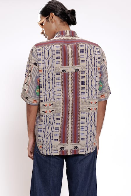 Shop_Doh Tak Keh_Gray Rayon Geometric Animal Print Grey Shirt _at_Aza_Fashions