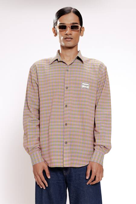 Doh Tak Keh_Pink Cotton Checkered Gingham Shirt _Online_at_Aza_Fashions