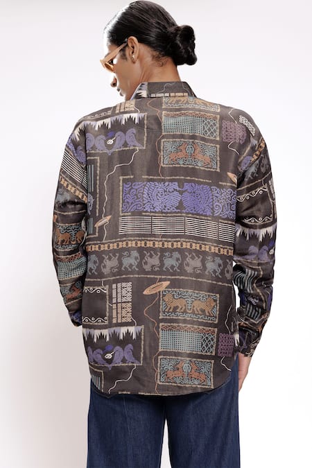 Shop_Doh Tak Keh_Black Satin Kanchi Handloom Print Shirt _at_Aza_Fashions