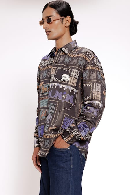 Doh Tak Keh_Black Satin Kanchi Handloom Print Shirt _Online_at_Aza_Fashions