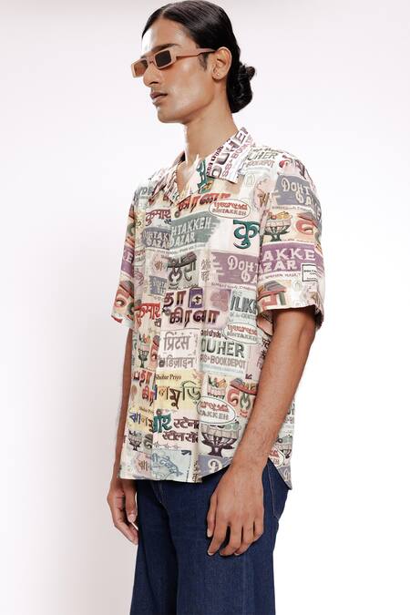 Doh Tak Keh Ivory Rayon Typography Print Shirt Online at Aza Fashions Doh Tak Keh_Ivory Rayon Typography Print Shirt_Online_at_Aza_Fashions