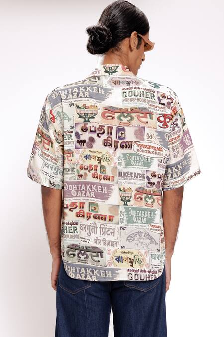 Shop Doh Tak Keh Ivory Rayon Typography Print Shirt at Aza Fashions Shop_Doh Tak Keh_Ivory Rayon Typography Print Shirt_at_Aza_Fashions
