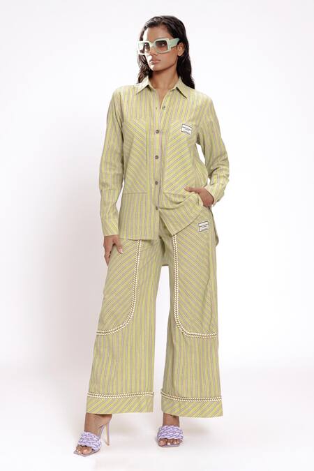 Doh Tak Keh_Green Cotton Woven Stripe Shirt_at_Aza_Fashions