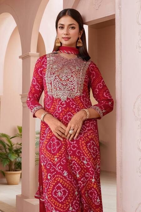 Samyukta Singhania Red Georgette, Silk Gota Patti, Pearls Bandhej Print Embroidered Kurta Set Online at Aza Fashions Samyukta Singhania_Red Georgette, Silk Gota Patti, Pearls Bandhej Print Embroidered Kurta Set_Online_at_Aza_Fashions