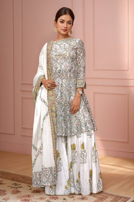 Samyukta Singhania White Chanderi Embroidery, Gota Patti Floral Mughal Print Kurta Sharara Set Online at Aza Fashions Samyukta Singhania_White Chanderi Embroidery, Gota Patti Floral Mughal Print Kurta Sharara Set_Online_at_Aza_Fashions