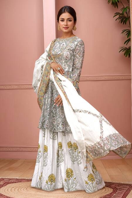 Shop Samyukta Singhania White Chanderi Embroidery, Gota Patti Floral Mughal Print Kurta Sharara Set Online at Aza Fashions Shop_Samyukta Singhania_White Chanderi Embroidery, Gota Patti Floral Mughal Print Kurta Sharara Set_Online_at_Aza_Fashions