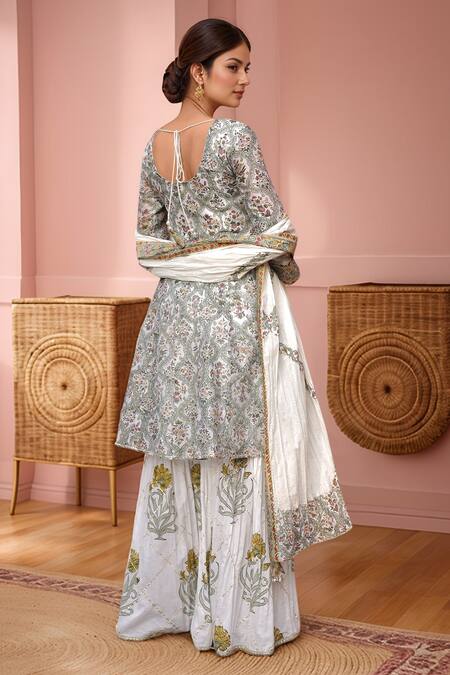 Shop Samyukta Singhania White Chanderi Embroidery, Gota Patti Floral Mughal Print Kurta Sharara Set at Aza Fashions Shop_Samyukta Singhania_White Chanderi Embroidery, Gota Patti Floral Mughal Print Kurta Sharara Set_at_Aza_Fashions