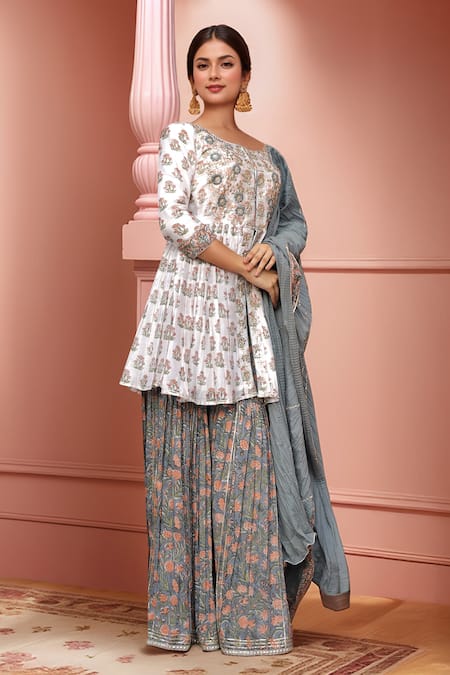 Naintara Bajaj_White Chanderi Gota Patti, Embroidery Boat Floral Mughal Print Kurta Sharara Set_Online_at_Aza_Fashions