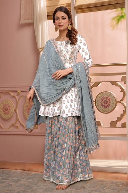Shop_Naintara Bajaj_White Chanderi Gota Patti, Embroidery Boat Floral Mughal Print Kurta Sharara Set_Online_at_Aza_Fashions
