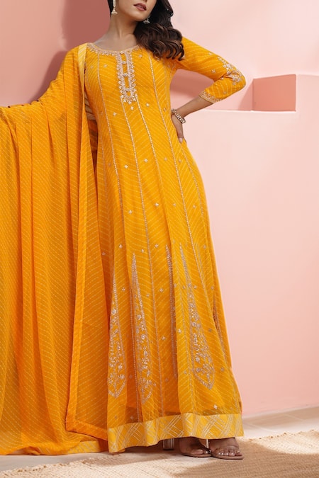 Buy_Samyukta Singhania_Yellow Georgette Beads, Embroidery Round Pittan Work Anarkali Set With Dupatta_Online_at_Aza_Fashions