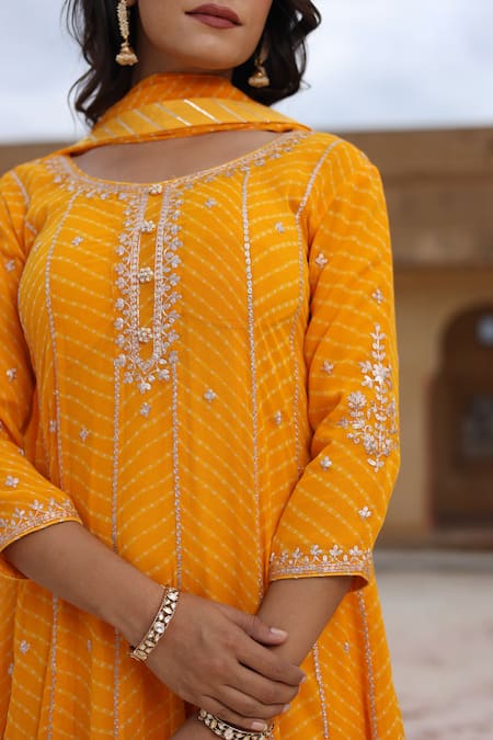 Shop_Samyukta Singhania_Yellow Georgette Beads, Embroidery Round Pittan Work Anarkali Set With Dupatta_Online_at_Aza_Fashions