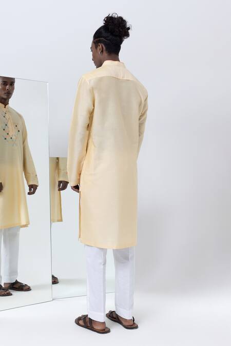 Shop Kaha Yellow Cotton, Silk Applique Mosaic Kurta Set at Aza Fashions Shop_Kaha_Yellow Cotton, Silk Applique Mosaic Kurta Set_at_Aza_Fashions