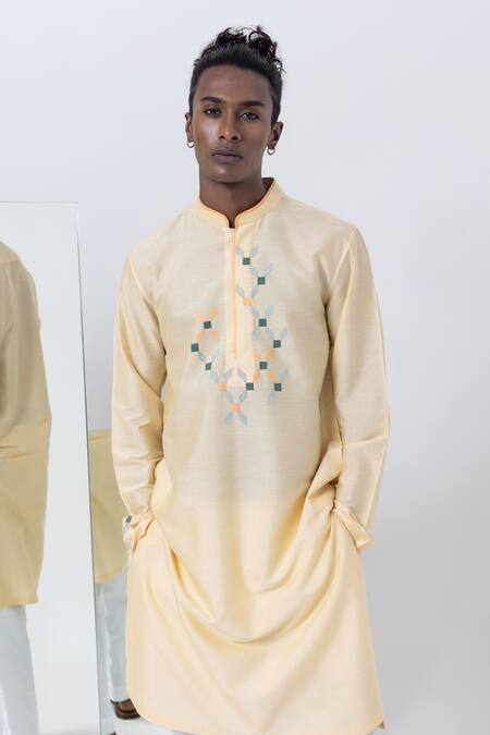 Kaha Yellow Cotton, Silk Applique Mosaic Kurta Set at Aza Fashions Kaha_Yellow Cotton, Silk Applique Mosaic Kurta Set_at_Aza_Fashions