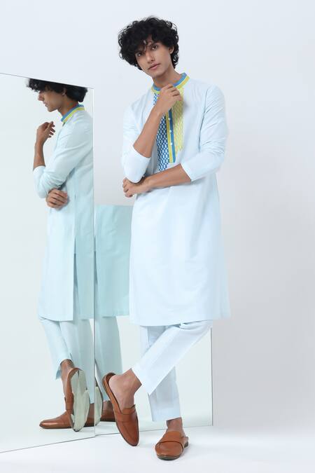Buy_Kaha_Blue Cotton, Silk Applique Jaal Kurta Set_Online_at_Aza_Fashions