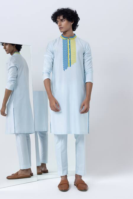 Kaha_Blue Cotton, Silk Applique Jaal Kurta Set_at_Aza_Fashions