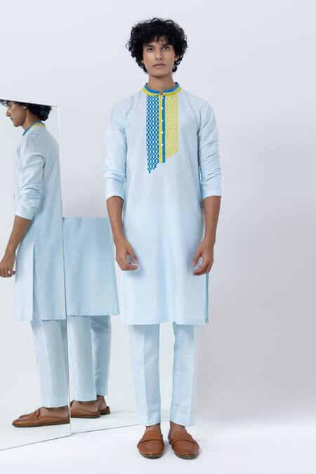 Buy_Kaha_Blue Cotton, Silk Applique Jaal Kurta Set