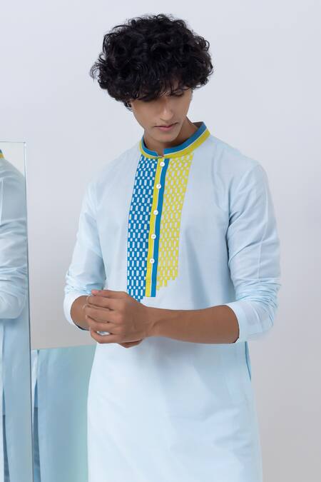 Shop_Kaha_Blue Cotton, Silk Applique Jaal Kurta Set