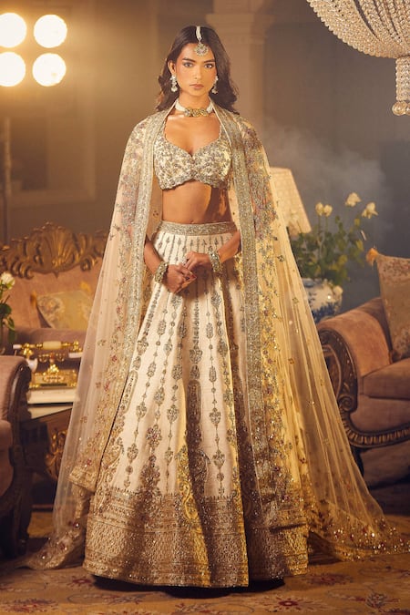 Azeera Ivory Embroidered Floral Plunged Leaf Neck Prachi Zardozi Bridal Lehenga Set 