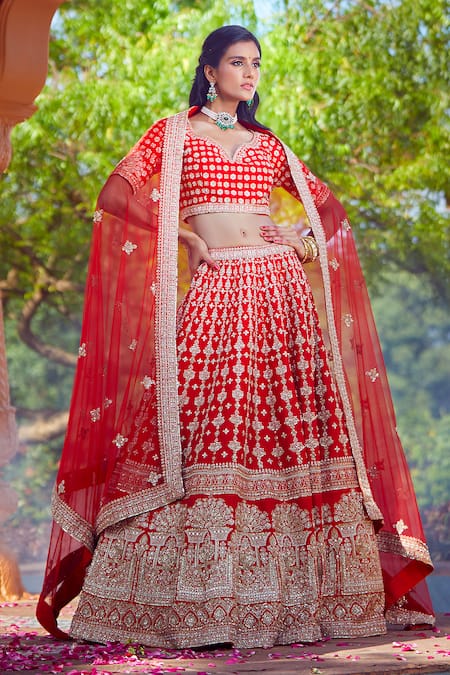 Azeera Red Embroidered Floral Broad Leaf Neck Lavanya Bridal Lehenga Set 